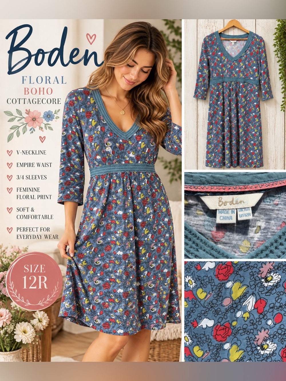 Boden Floral Boho V Neck Empire Waist Dress Blue 12R